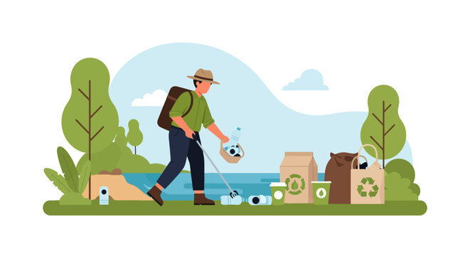 Man collecting plastic bottles for recycling in nature.