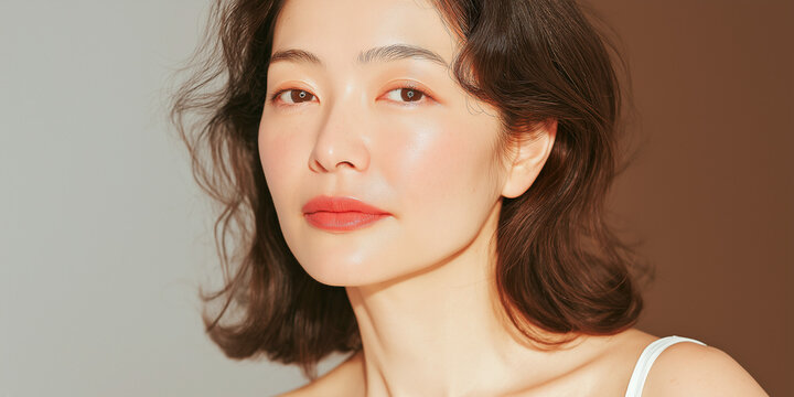 日本人, 女性, 50代, 40代, ミドル, シニア, 美容, スキンケア, エイジングケア, 健康, ライフスタイル, 美人, ナチュラル, 清潔感, 透明感, 白背景, コピースペース, 広告素材, 信頼感, 微笑み, ウェルビーイング, 上半身, 視線, ポニーテール, 化粧品, エステ, 自己肯定感, オーセンティック, ポジティブエイジング, 日本, ウェルエイジング, サプリメント,