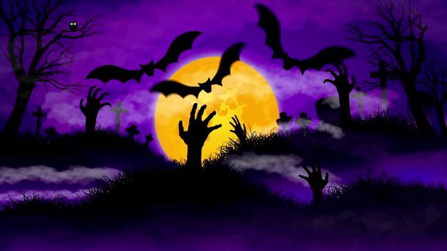 Creepy Halloween night with zombie hands reaching from the ground and bats flying around a full moon