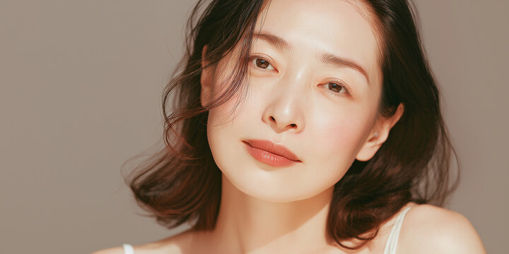 日本人, 女性, 50代, 40代, ミドル, シニア, 美容, スキンケア, エイジングケア, 健康, ライフスタイル, 美人, ナチュラル, 清潔感, 透明感, 白背景, コピースペース, 広告素材, 信頼感, 微笑み, ウェルビーイング, 上半身, 視線, ポニーテール, 化粧品, エステ, 自己肯定感, オーセンティック, ポジティブエイジング, 日本, ウェルエイジング, サプリメント,