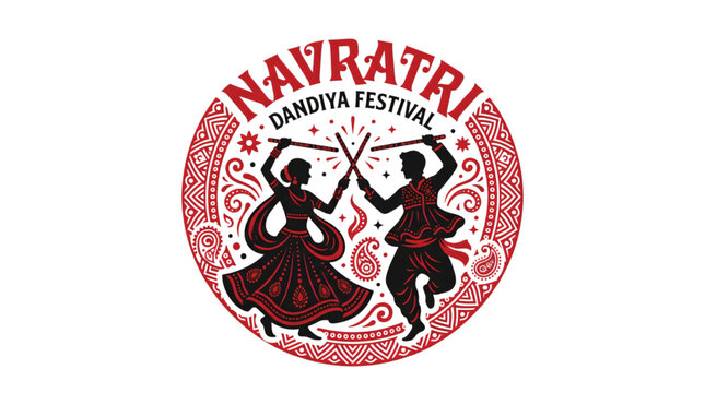 Traditional Navratri Dandiya Festival illustration with dancing couple silhouette and ornate circular red folk patterns