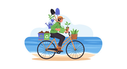 Fototapeta premium Person riding bicycle with gardening supplies and plants.