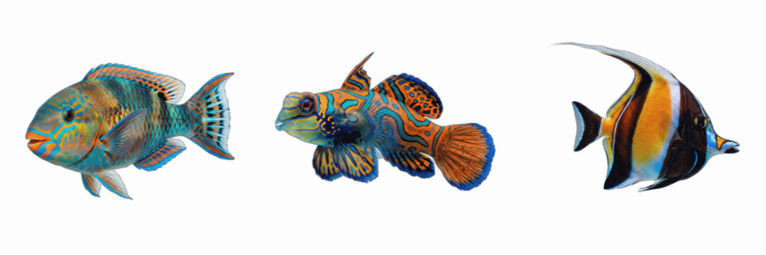 Set of three colorful exotic tropical fish isolated on white background, vibrant marine wildlife collection for aquatic design and nature projects, high quality studio shot of beautiful coral reef fis