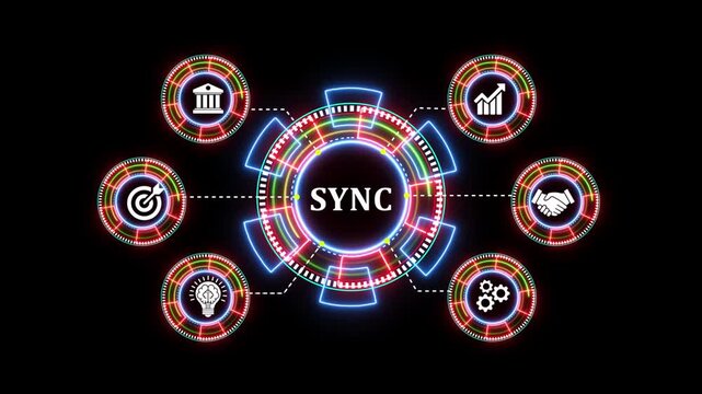 Digital technology sync interface displaying business icons on dark bokeh background.