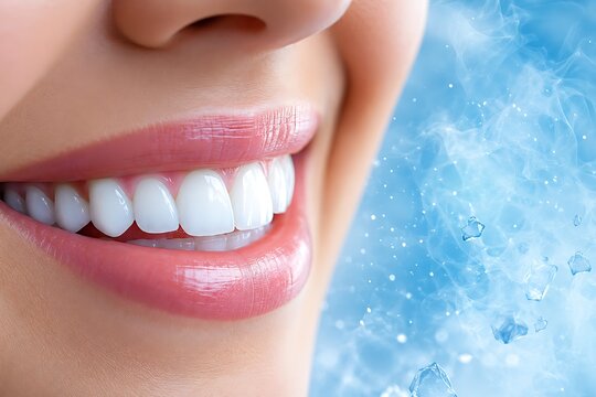 Healthy white teeth, beautiful smile close up, dental care and oral hygiene concept on a refreshing blue ice background - AI generated