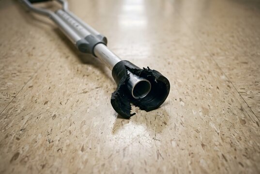 POV shot looking down at a deeply torn rubber tip on a dropped aluminum crutch