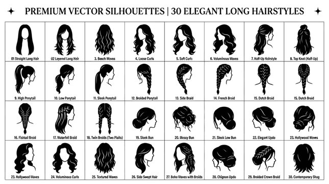 Elegant Long Hairstyles Vector Silhouettes Collection.