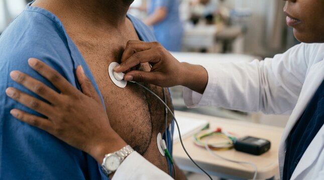 Close-up of a research coordinator attaching a Holter monitor electrode lead to a participant's chest, the electrode placement and lead &ndash; Clinical Trial & Healthcare Research Stock Photo