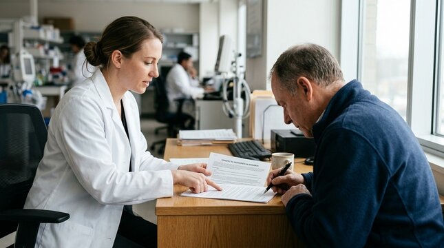 Research coordinator in a plain white coat guiding a patient through a multi-page consent document at a clinical desk, the patient's &ndash; Clinical Trial & Healthcare Research Stock Photo