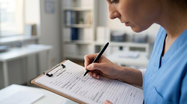 Close-up of a coordinator dating and initialing a form correction, the date written beside the correction, standard GCP documentation &ndash; Clinical Trial & Healthcare Research Stock Photo