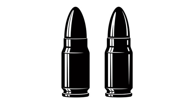 Two black bullet cartridges standing side by side as an ammunition icon silhouette for graphic resources.
