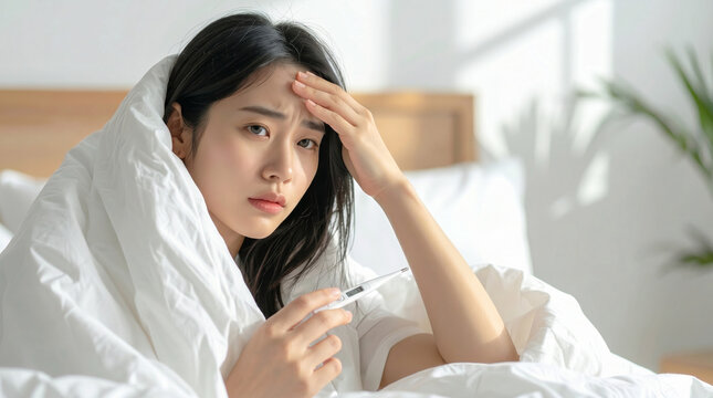 布団にくるまり体温計を手に額を押さえる発熱した若い女性