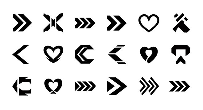 Abstract black icons featuring arrows hearts and chevrons arranged in a repeating pattern.