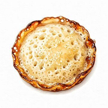 Traditional Indonesian serabi pancake watercolor illustration, authentic Asian rice flour coconut milk cake with crispy golden brown crust, isolated on white background