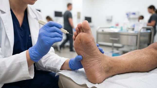Close-up of a patient's foot being assessed by a podiatrist researcher using a Semmes-Weinstein monofilament device, the fine filament &ndash; Clinical Trial & Healthcare Research Stock Photo