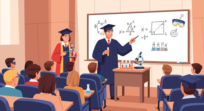 Professor teaching science class with students in lecture hall.