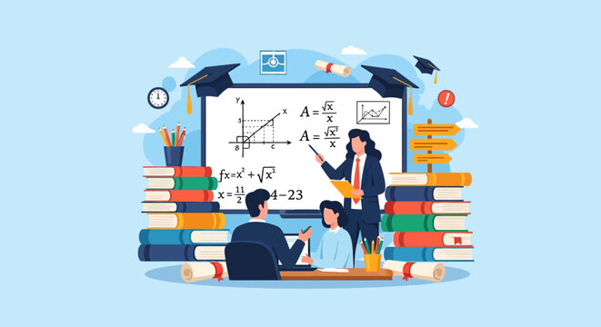 Teacher explaining math equations to students in classroom setting.