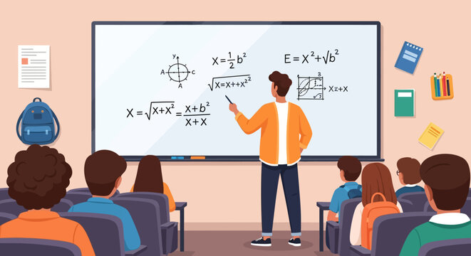 Teacher pointing at complex math equations on a whiteboard in a classroom.