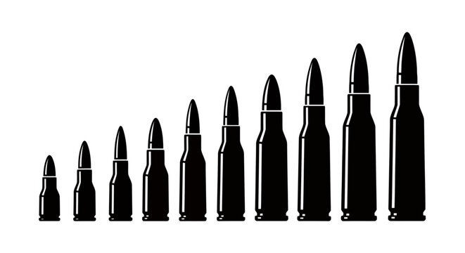 Progression of bullets in varying sizes displayed in a row for study of ammunition varieties.
