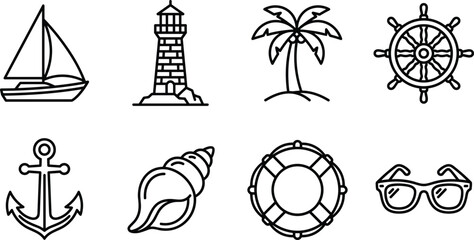 Nautical icons presented in a clean line drawing style for maritime themes and travel concepts © mstanjuara