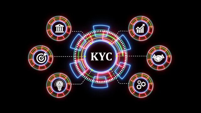 Digital kyc verification interface with glowing neon circle icons business workflow.