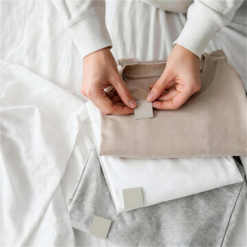 衣類の触覚タグを手で確認する生活支援のクローズアップ