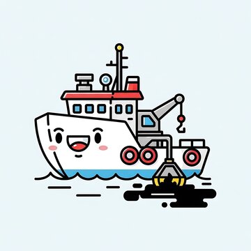Cartoon tugboat with cheerful face and cargo.