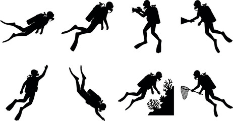 Black Silhouette Vector Set of Scuba Divers Underwater Activities © ROUNOK