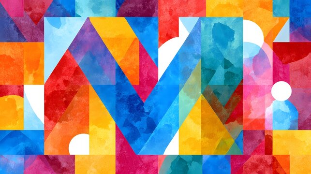 Modern abstract geometric color block monogram pattern, watercolor background.