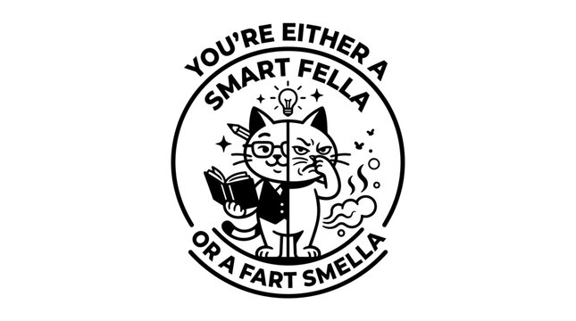 Funny Cat Illustration: Smart Fella vs. Fart Smella, Clever Wit, Humor