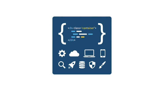 Web Development Icons and Code Snippet on Blue Background