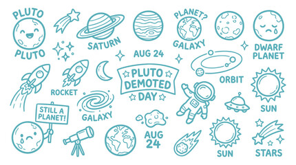 Cute doodle collection celebrating Pluto Demoted Day with planets, rockets, and astronauts in a playful style. © Meila