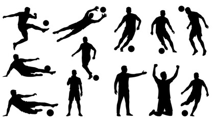 Obraz premium Dynamic soccer player silhouettes showing kicks dribbles and goal saves on white background vector graphic illustration
