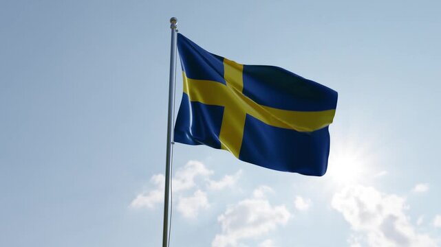 Swedish flag waving proudly against a bright blue sky with sun rays and clouds