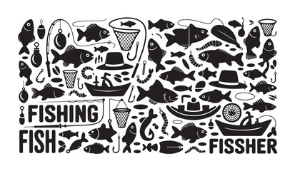 Collage of fishing equipment symbols including fish boats hooks nets and fisherman items. © RANA