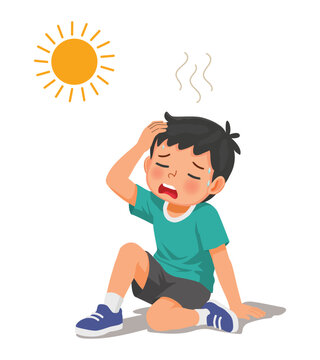 Little boy suffering from heat stoke with extreme weather temperature 