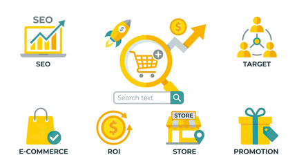 Fototapeta premium Online Shopping Icons: SEO, E-commerce, Target, ROI, Store, Promotion