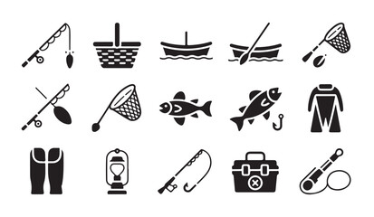 Fishing icons set containing equipment and gear for recreation and outdoor water activities. © RANA