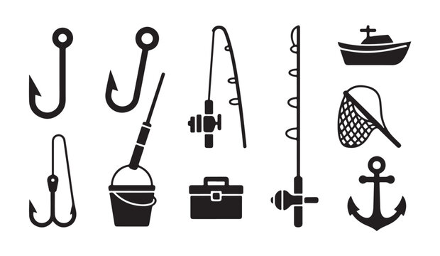 Set of isolated black vector icons representing various professional fishing equipment tools.