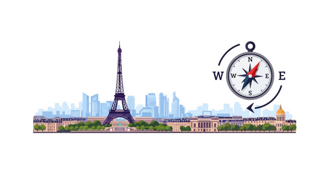 Vector illustration of the Paris city skyline featuring the Eiffel Tower and a navigation compass icon on a white background, including landmarks and urban architecture.
