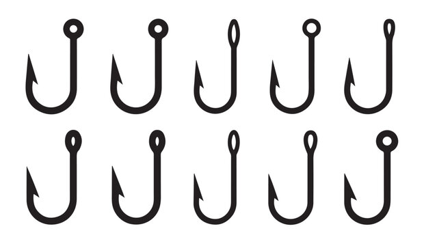 Set of ten fishing hook icons with various eye designs for anglers and fishing equipment.