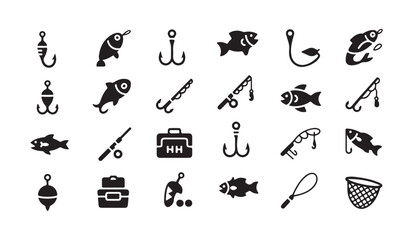Fishing equipment icons set containing hooks fish floats rods and nets for sea activity. © RANA