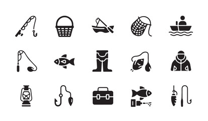 Fototapeta premium Collection of fishing icons featuring rod man in boat waders lantern and fish supplies.