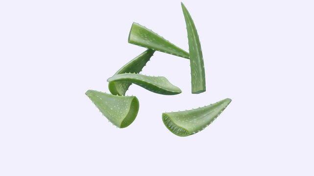Sliced green aloe vera leaves float in mid-air on a clean white background. Suitable for cosmetic product overlays, dermatology campaigns, spa promos, and natural wellness marketing.