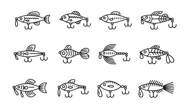 Set of fishing lures and bait icons showing various types of hooks for catching predator fish.