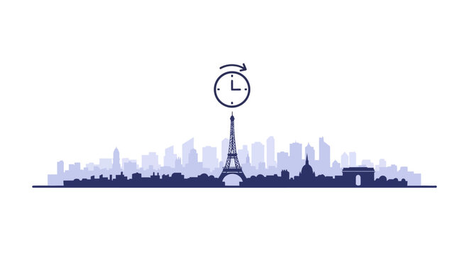 Paris city skyline silhouette featuring the Eiffel Tower, Arc de Triomphe, and Sacr&eacute;-C&oelig;ur with a clock icon and arrow above, minimalist blue and white vector graphic.