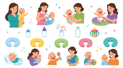 Fototapeta premium Collection of illustrations depicting mothers and babies, showcasing various aspects of childcare and bonding moments.