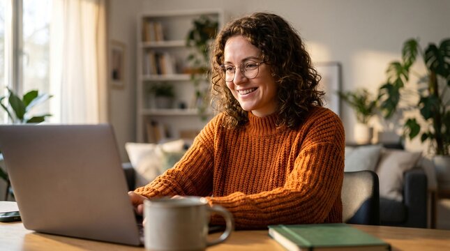Portrait of happy young woman or student wearing glasses sitting at desk at home office with laptop computer looking at camera advertising online learning, remote work, business webinars.