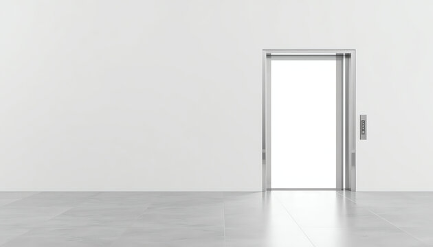 Blank light wall and open elevator doors in abstract hall. 3D rendering, mock up