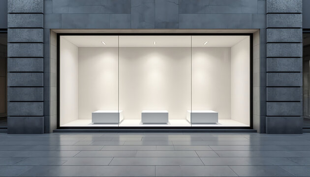 An empty storefront with large window display and three mockup podiums, modern design, on a city sidewalk background. 3D Rendering